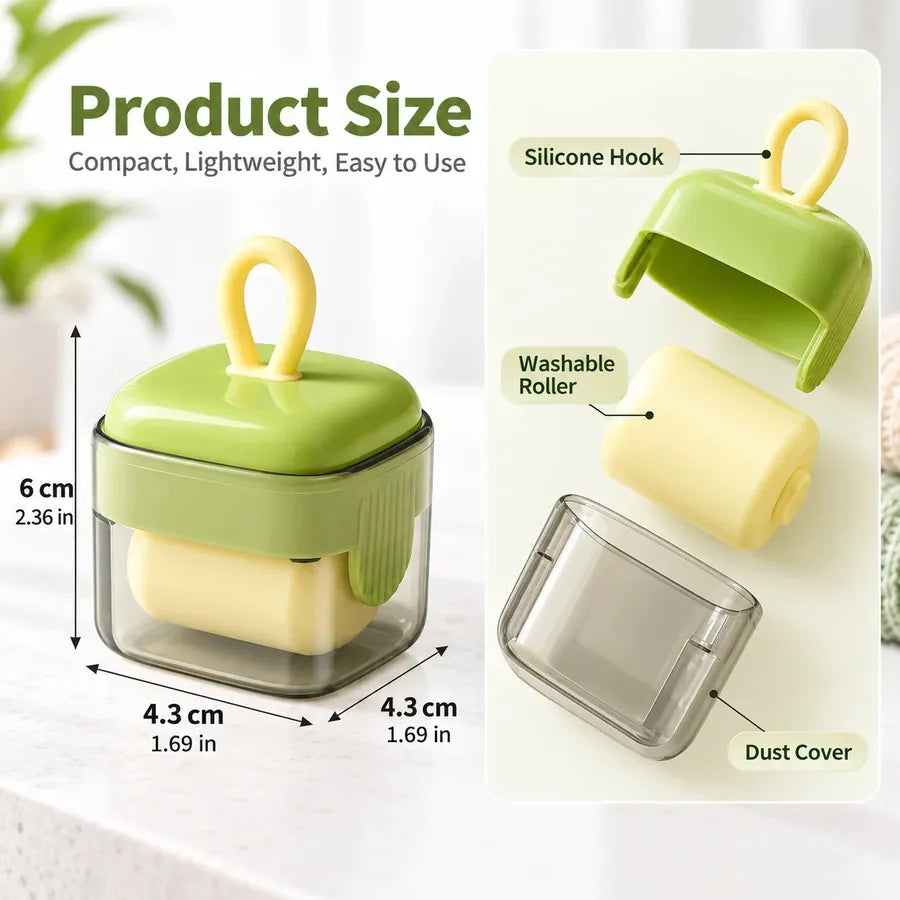 Sugar Cube Roller dimensions: 6 cm tall and 4.3 cm wide, with silicone hook, washable roller and dust cover
