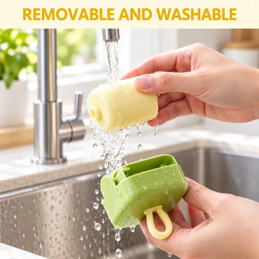 Rinsing the washable roller under a kitchen faucet